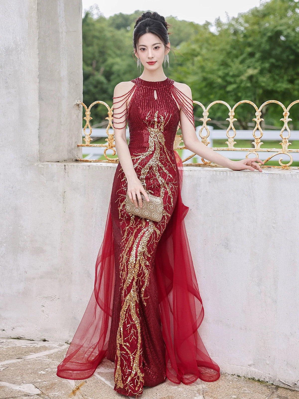 Wine Red Sequins Mermaid Long Party Dress with Lace