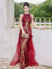Wine Red Sequins Mermaid Long Party Dress with Lace