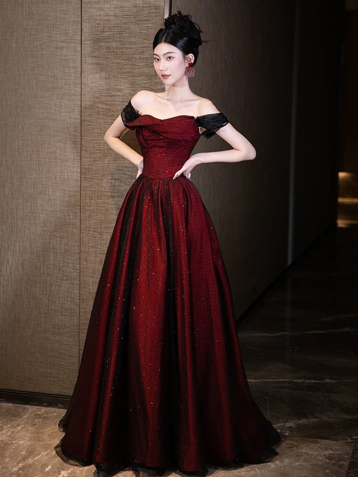 A-line Off Shoulder Black and Red Tulle Floor Length Prom Dress