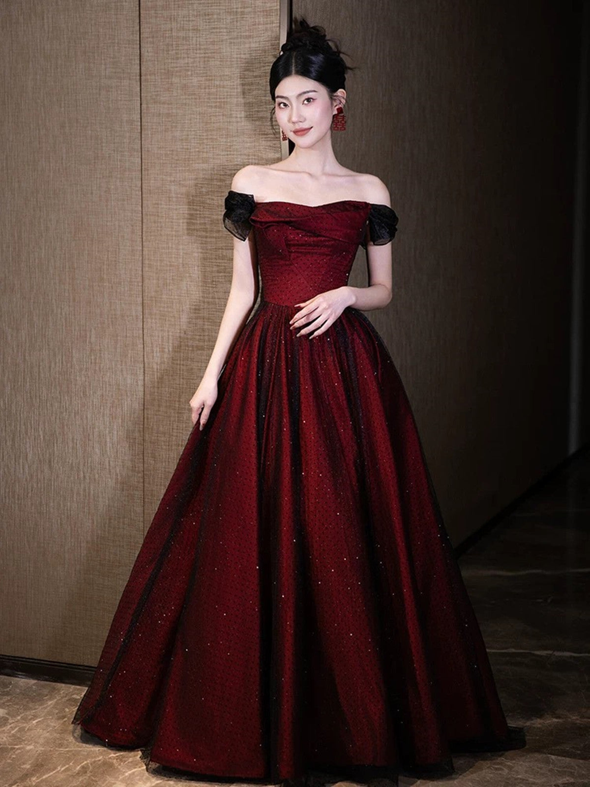 A-line Off Shoulder Black and Red Tulle Floor Length Prom Dress