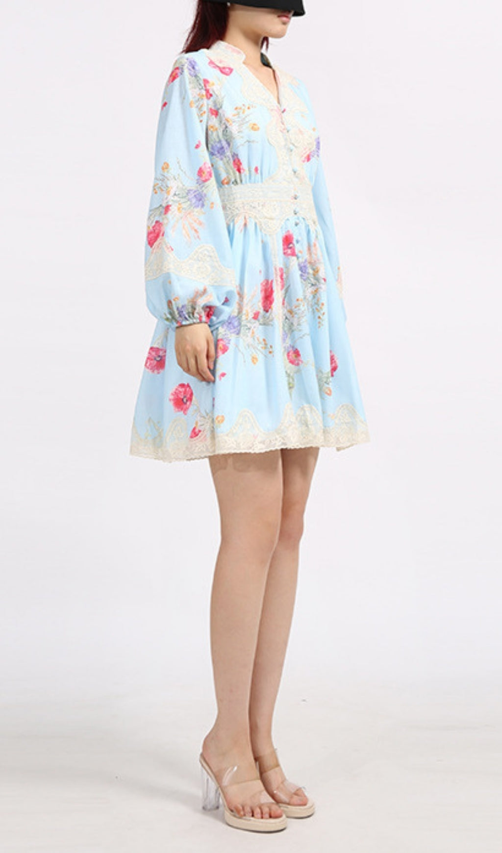 Chic Blue Floral Puff Sleeve Mini Dress with Lace Trim