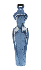 Barny Blue Halter Sequin Maxi Dress