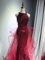 Wine Red Sequins and Tulle Halter Party Dress