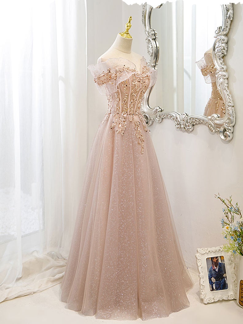 Vestido de fiesta rosa con hombros descubiertos de tul brillante, cuentas y encaje 