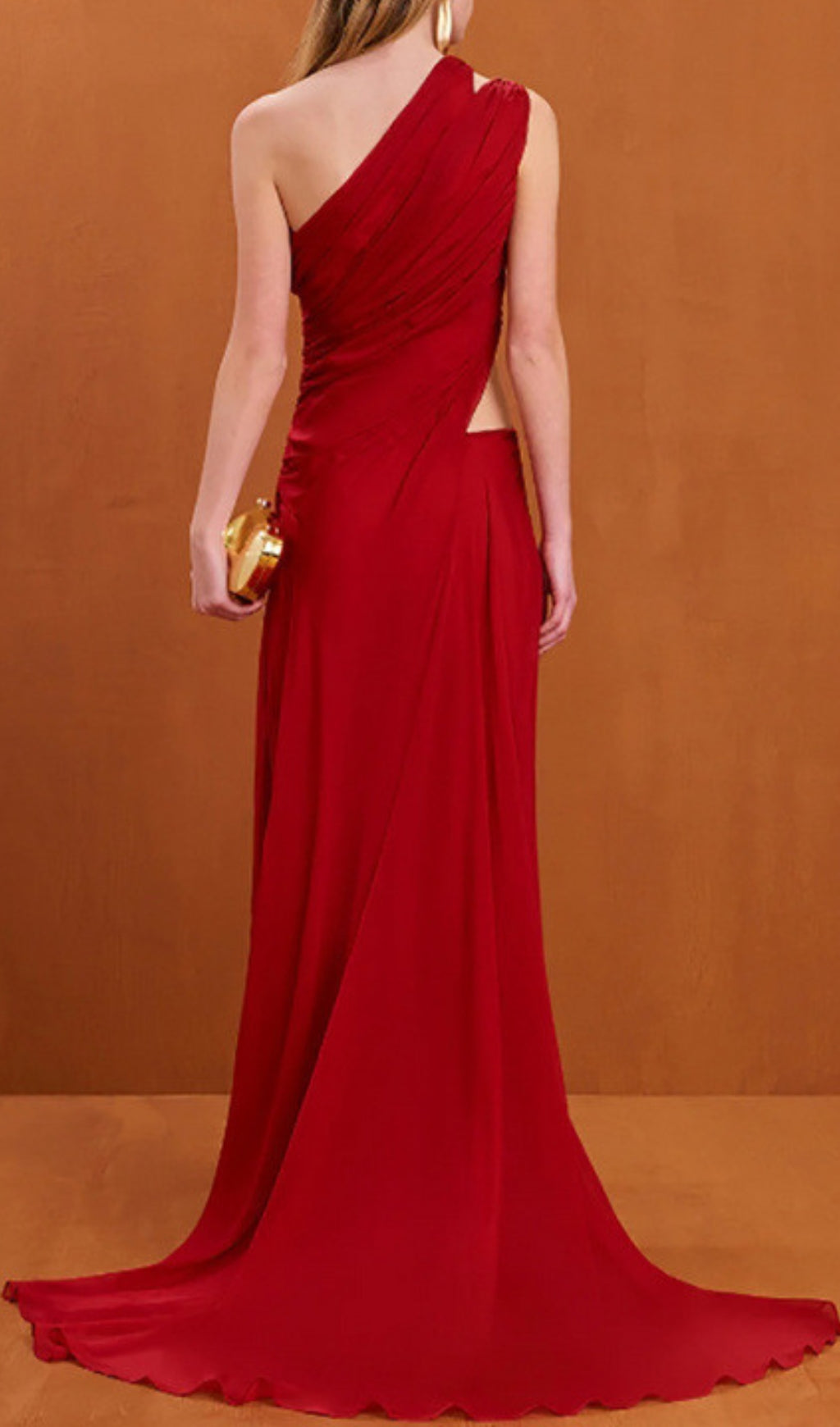 Show-Stopping Red One-Shoulder Ruched Cut-Out Maxi Dress