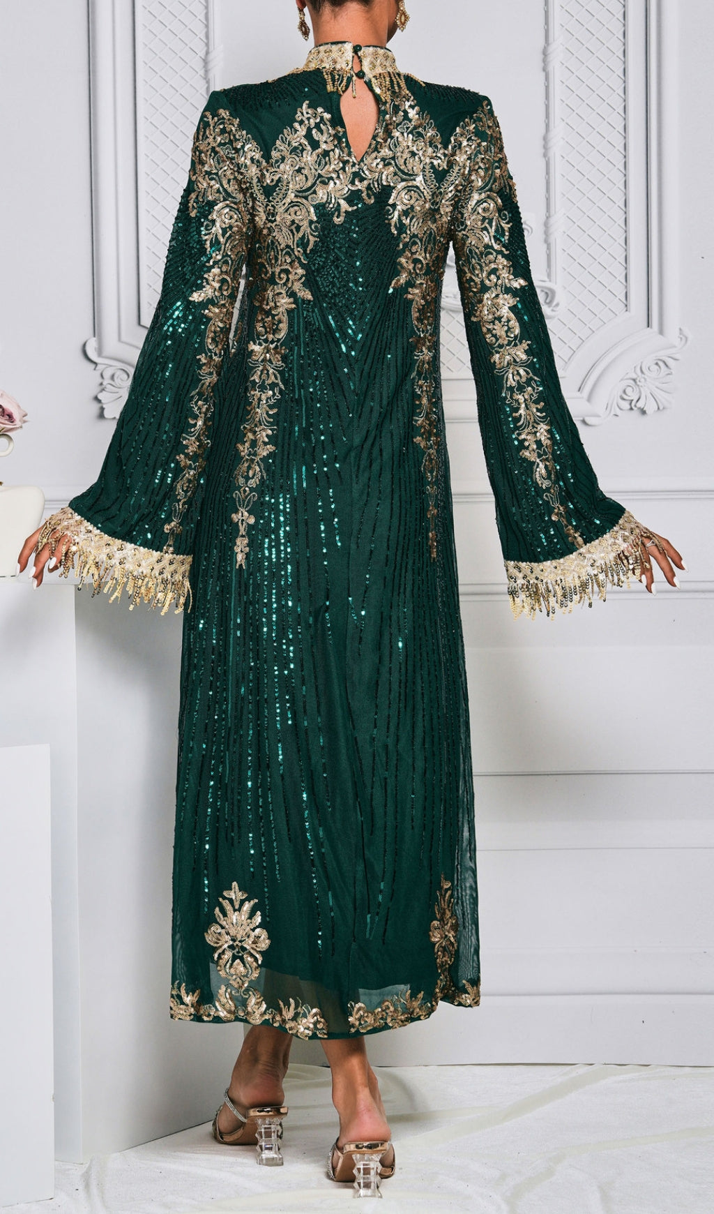 Crispina Emerald Green Sequin & Gold Embellished Long Sleeve Midi Dress