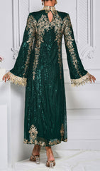 Crispina Emerald Green Sequin & Gold Embellished Long Sleeve Midi Dress