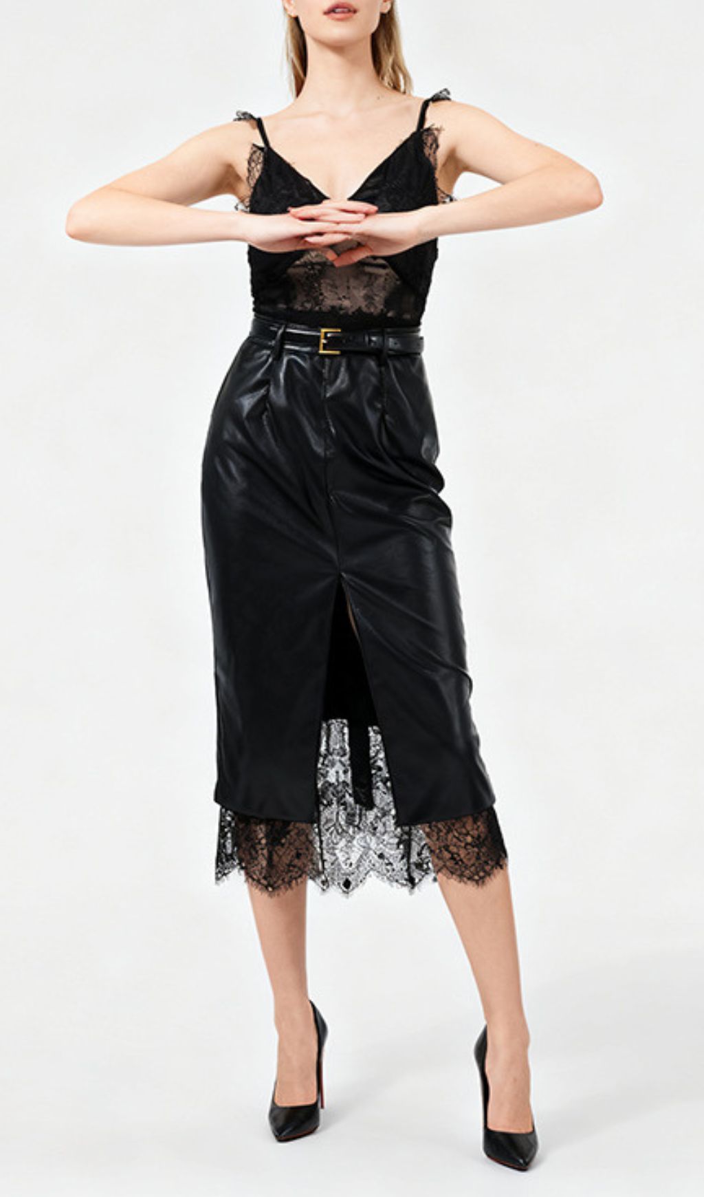 Ilta Black Lace & Vegan Leather Midi Dress