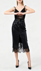 Ilta Black Lace & Vegan Leather Midi Dress
