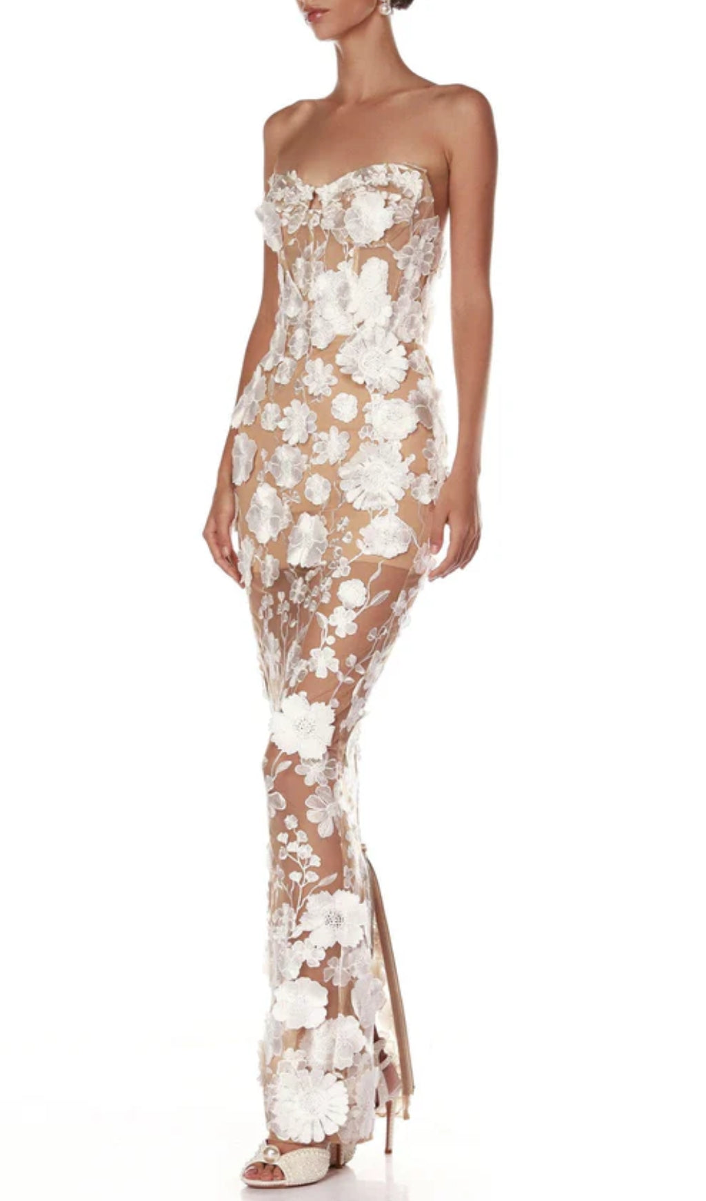 Decla Enchanting White 3D Floral Illusion Strapless Maxi Gown