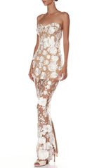 Decla Enchanting White 3D Floral Illusion Strapless Maxi Gown
