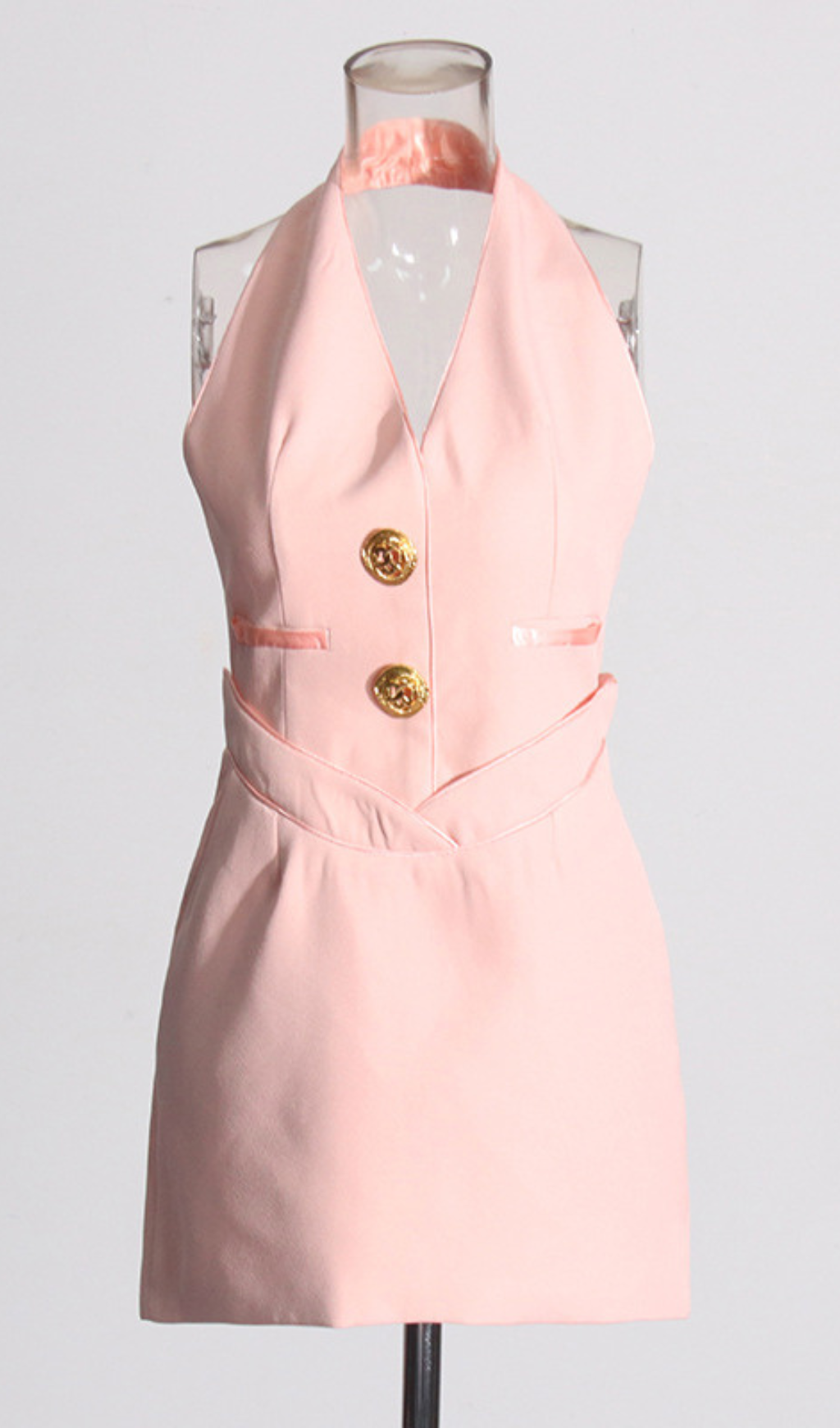 Gwydion Chic Black Halter Mini Dress with Gold Buttons