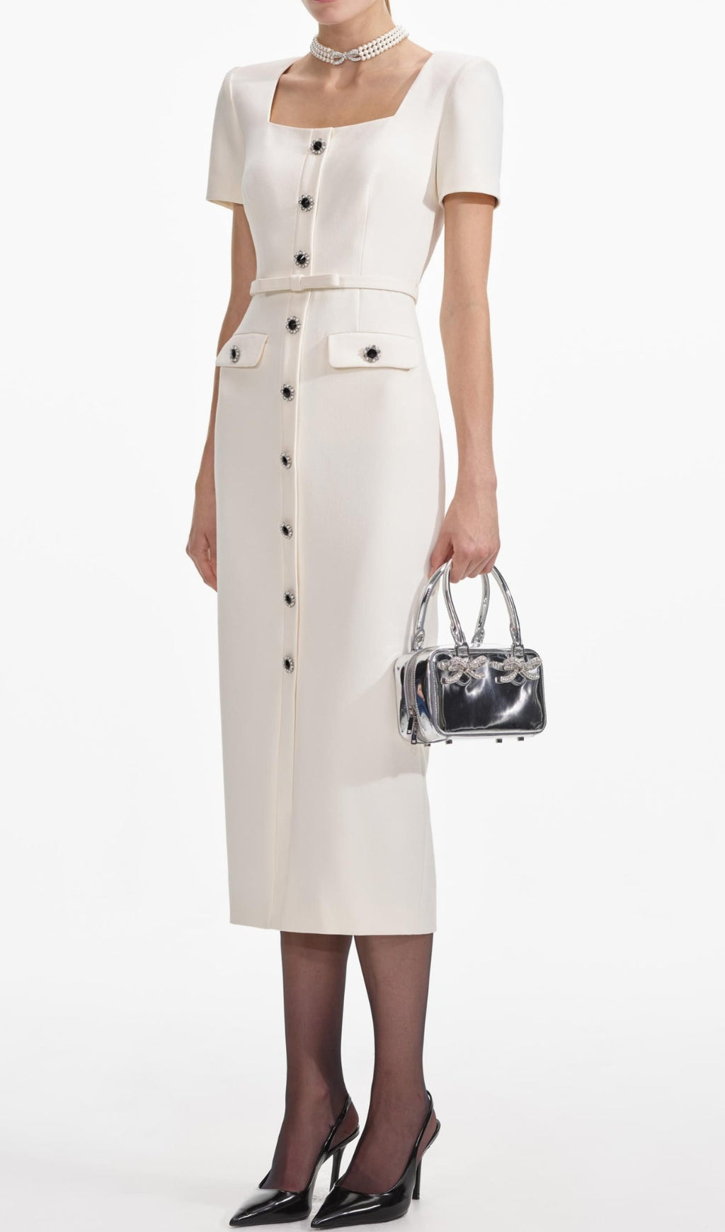 Elegant Cream Crepe Button-Front Midi Dress with Square Neckline