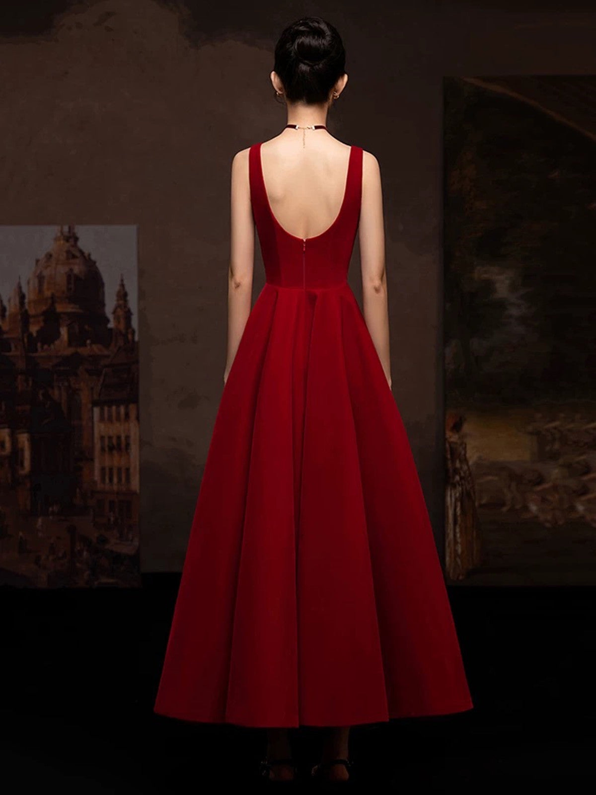 Vestido formal rojo vino con mangas abullonadas 
