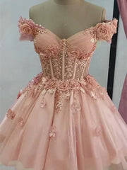 Vestido de fiesta de tul con escote en forma de corazón rosa y flores de encaje 