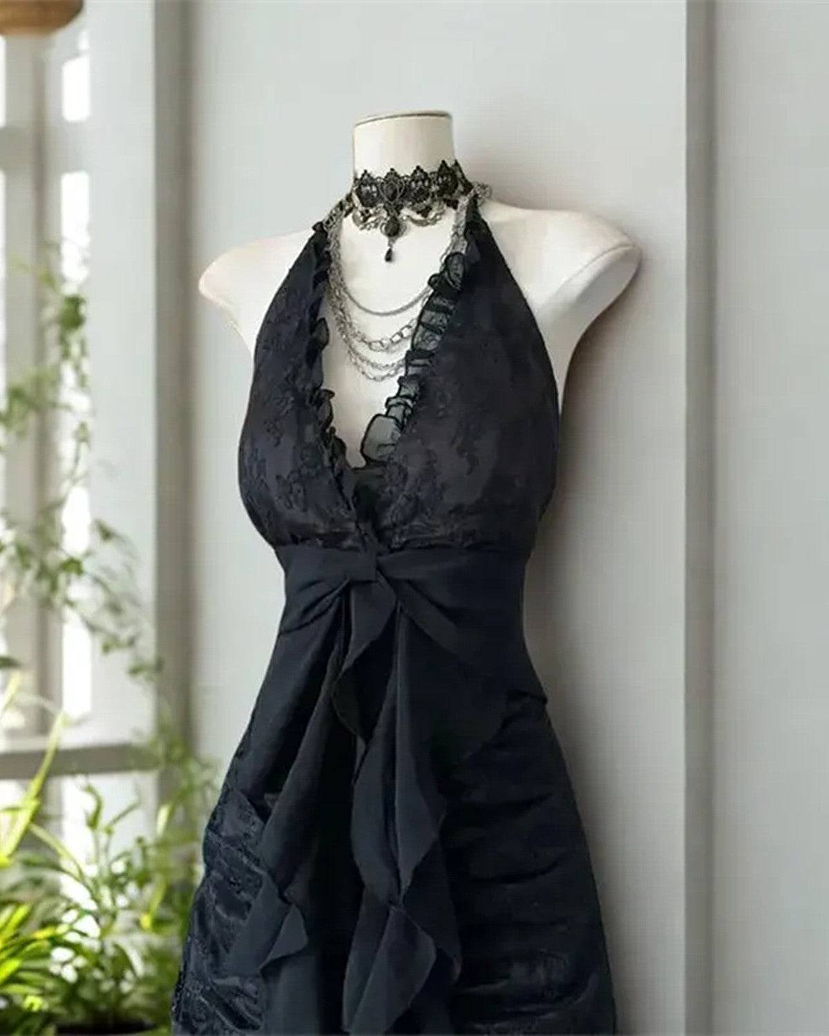 Black Lace Halter V-neckline Floor Length Party Dress