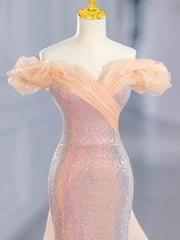 Precioso vestido de fiesta de sirena con lentejuelas y hombros descubiertos 