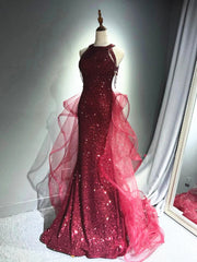 Wine Red Sequins and Tulle Halter Party Dress