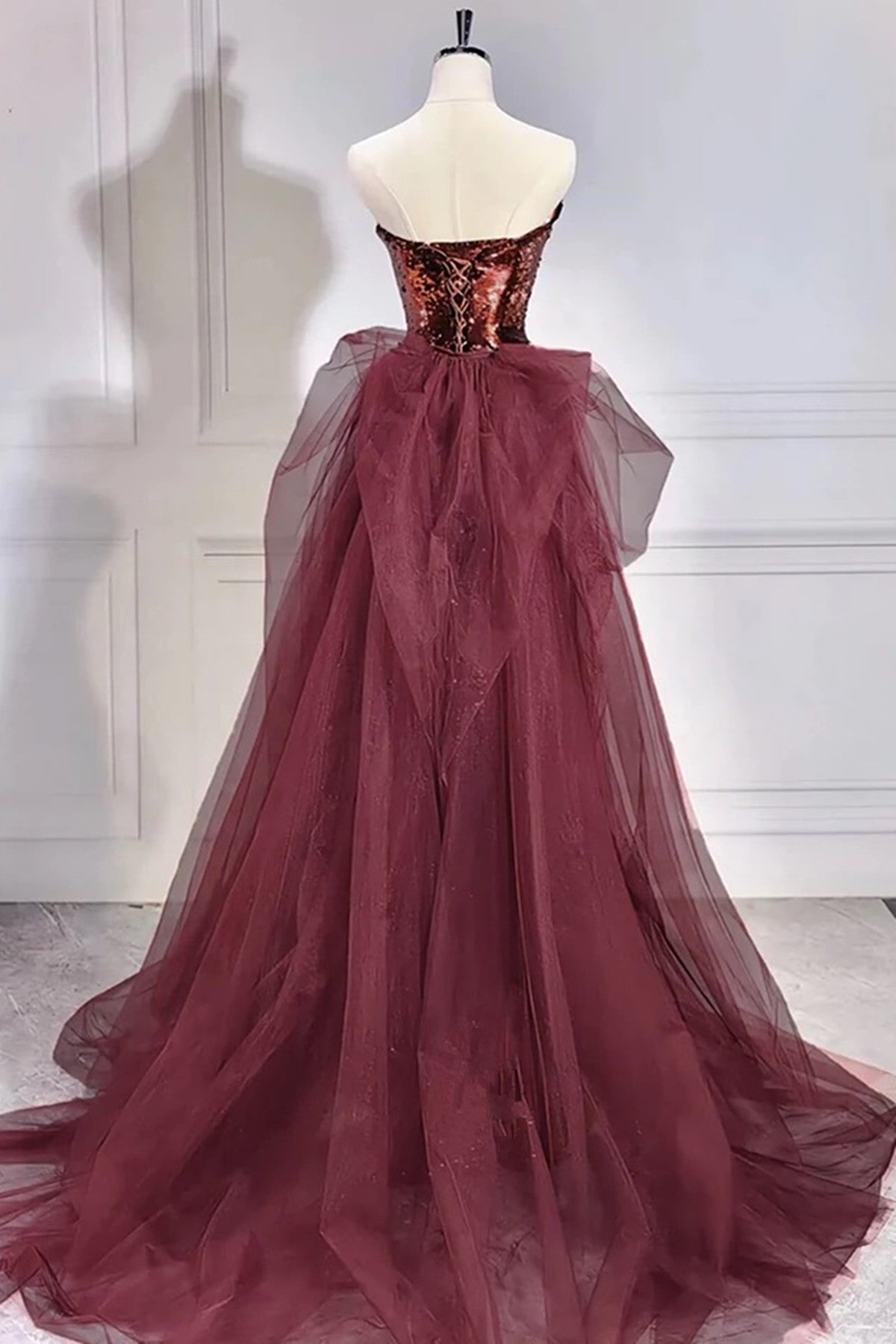Wine Red Sequins and Tulle Mermaid Long Party Dress