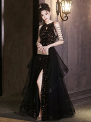 Black Sequins and Tulle Long Party Dress