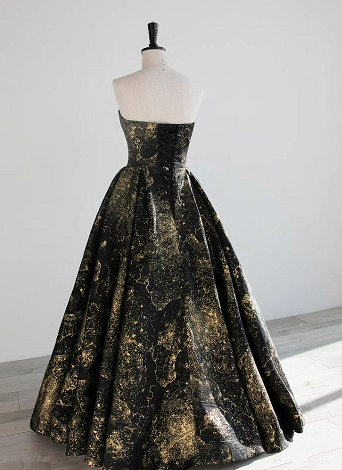 A-line Black and Gold Foral Satin Party Dress