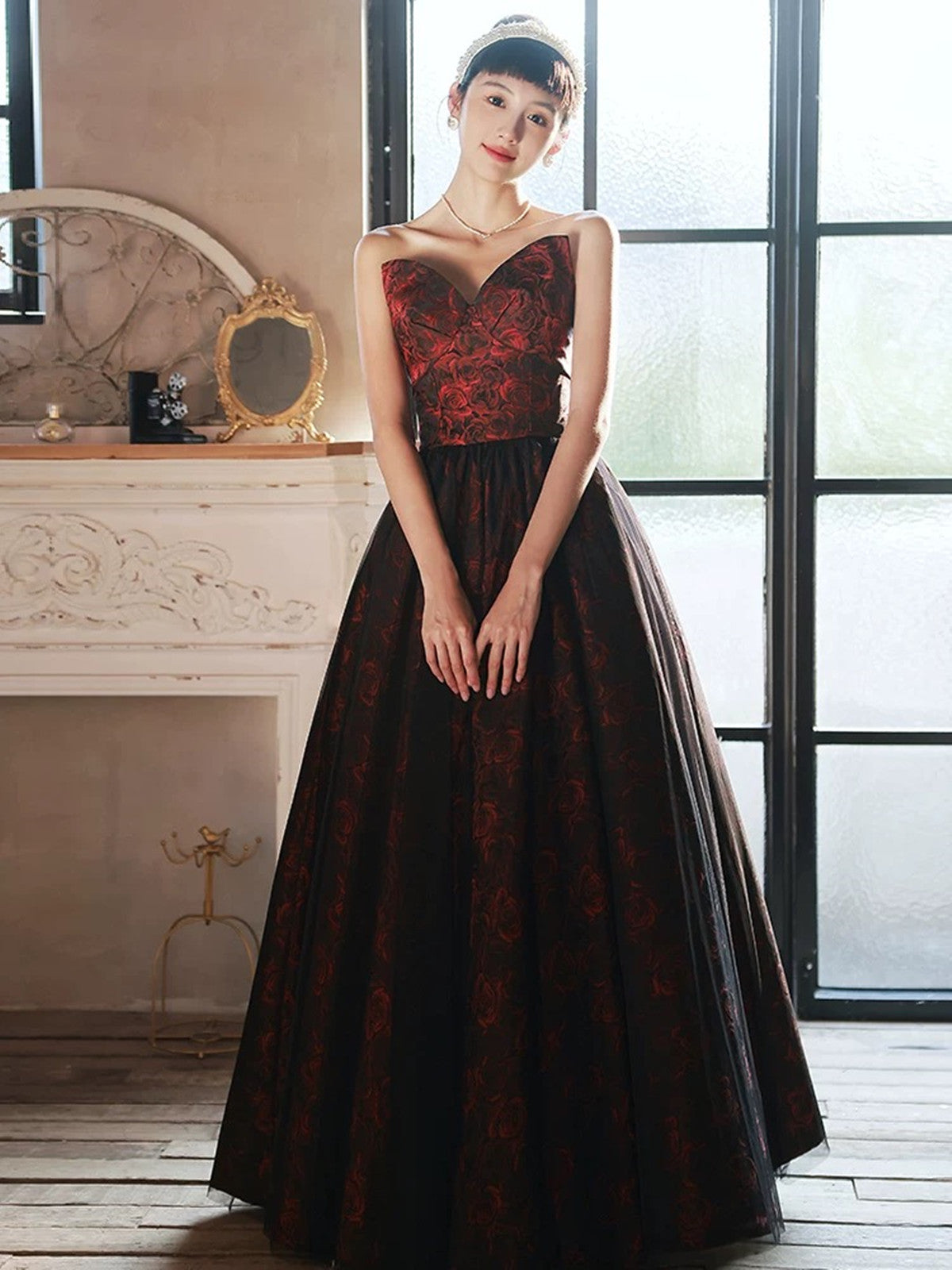 A-line V-neckline Floral Satin Black and Red Party Dress