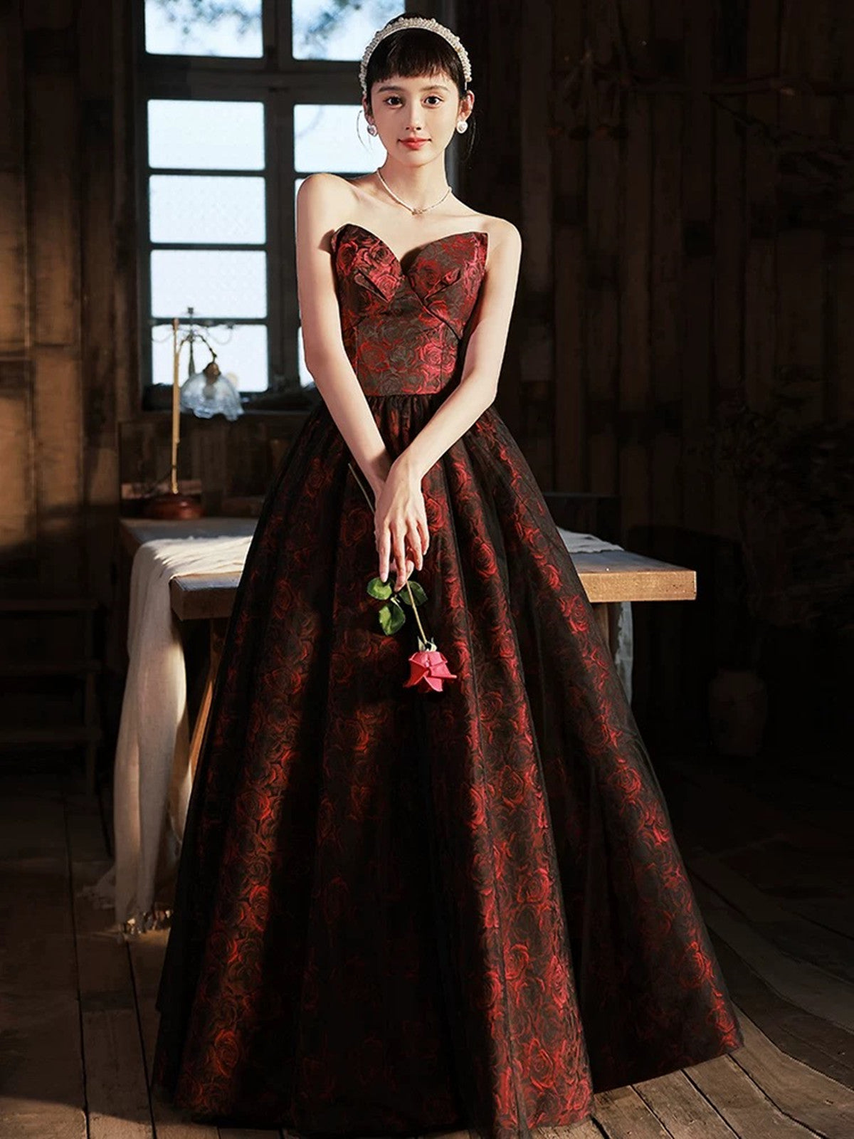 A-line V-neckline Floral Satin Black and Red Party Dress