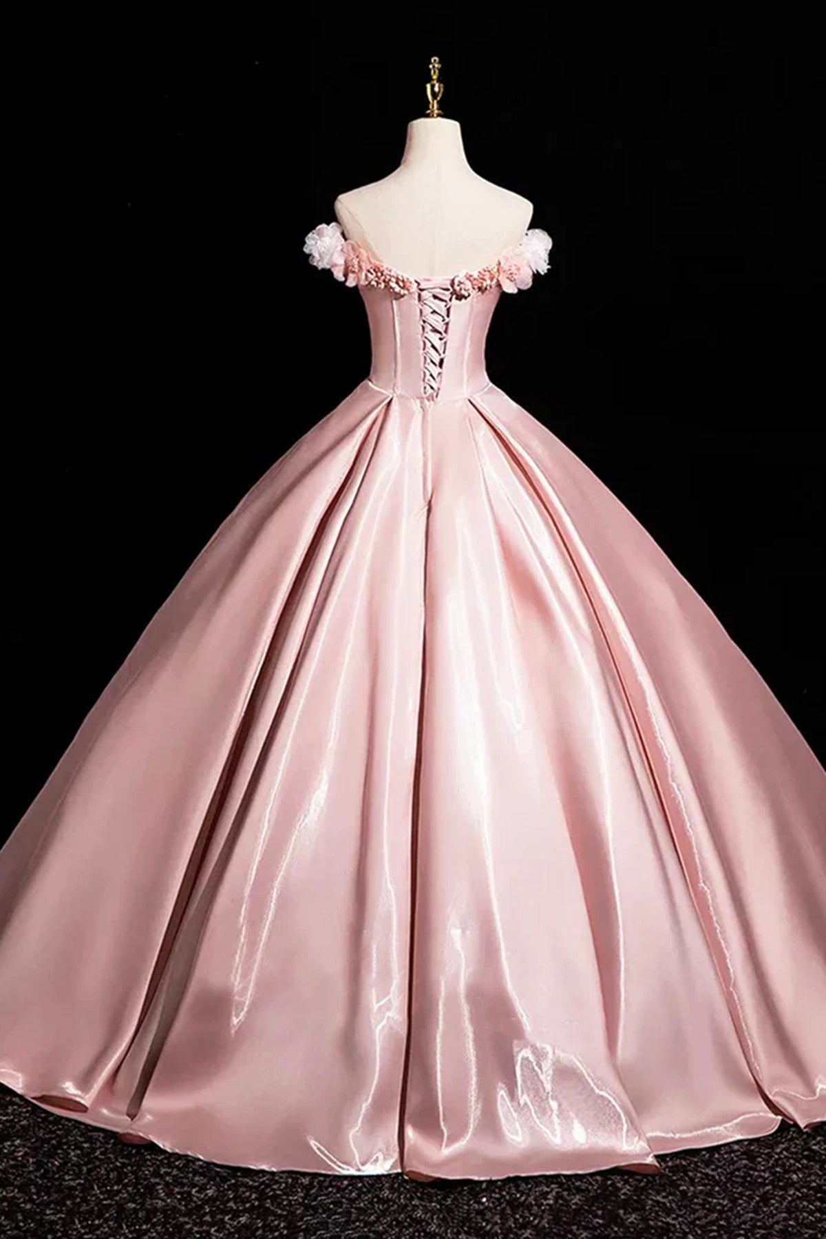 Pink Satin Off Shoulder Flowers Long Prom Dress