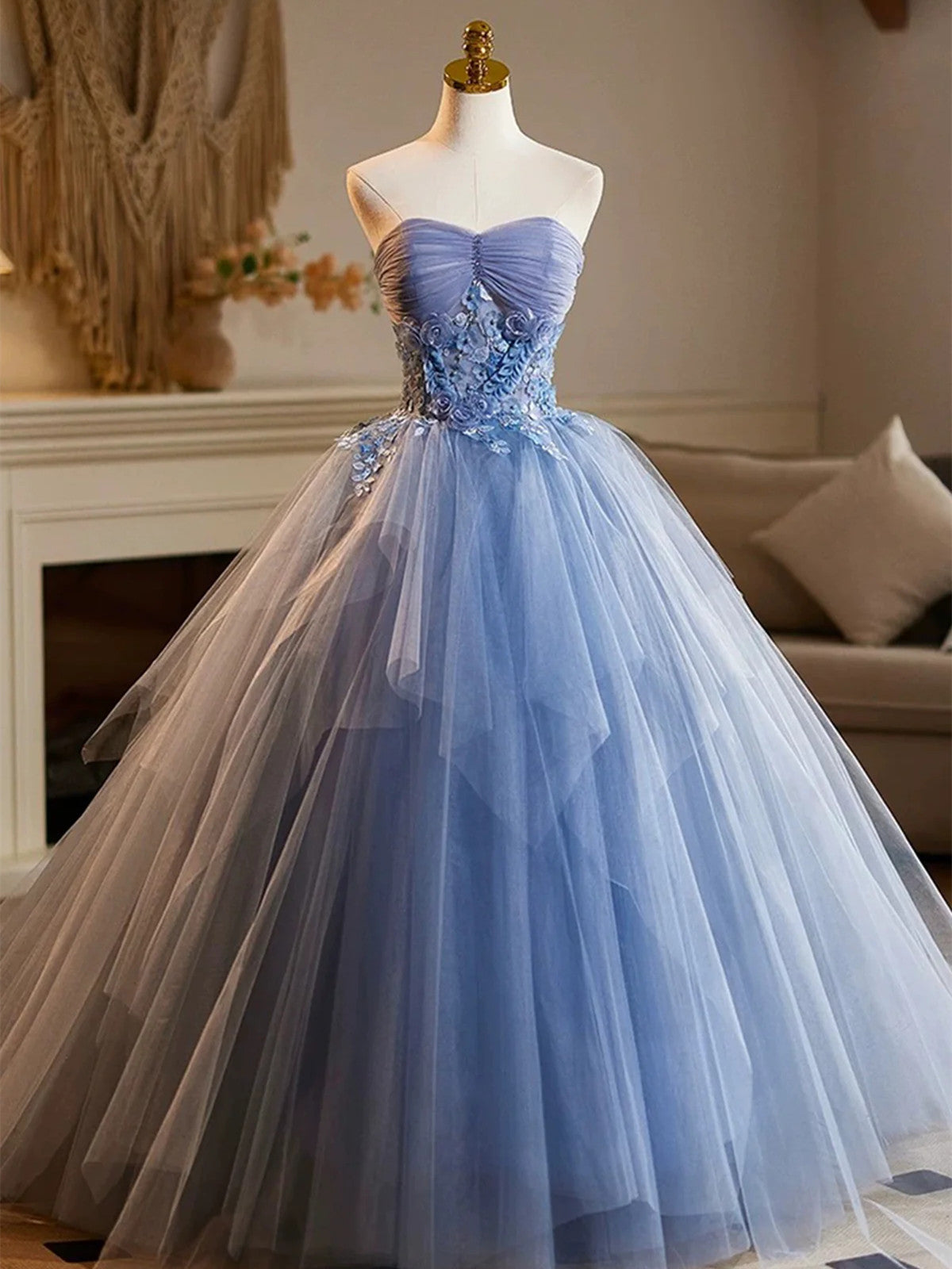 Blue Sweetheart Tulle Strapless Long Prom Dress