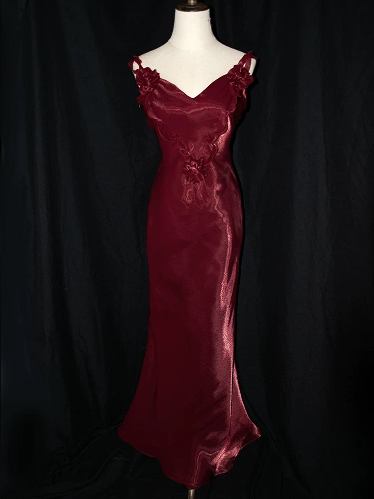 Wine Red V-neckline Mermaid Long Straps Party Dress