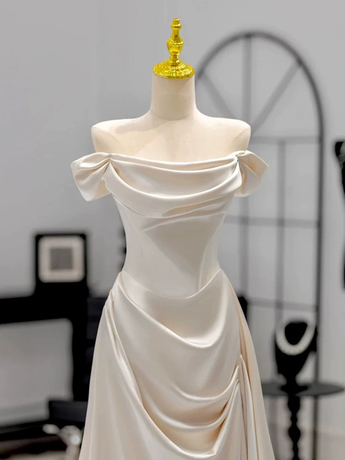 Ivory Satin Off Shoulder A-line Party Dress