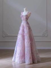 Vestido de fiesta largo con tirantes en A de tul y encaje rosa 