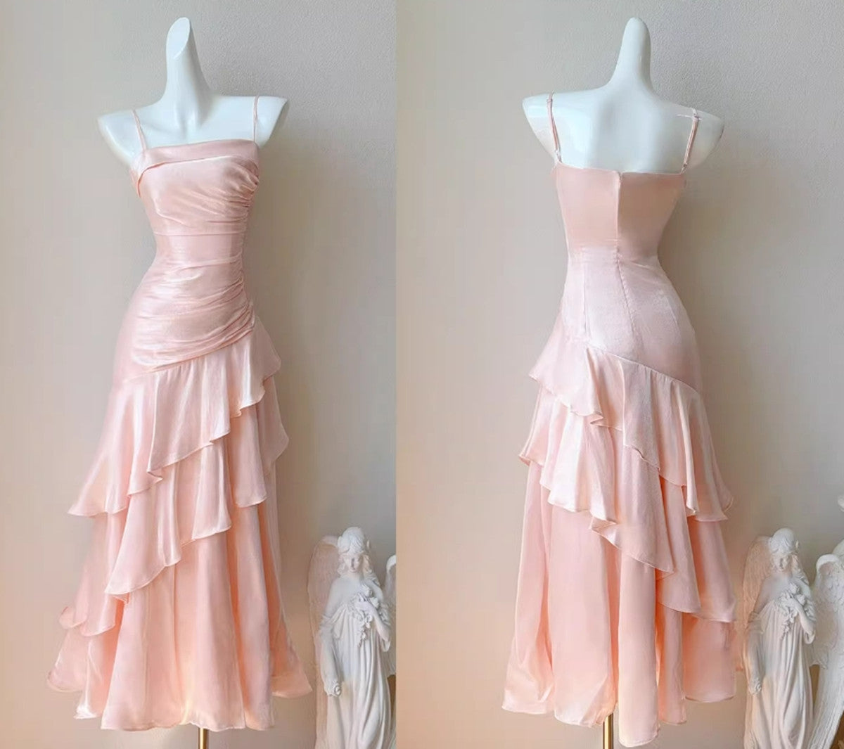 Vestido largo de fiesta de satén con tirantes de sirena rosa 