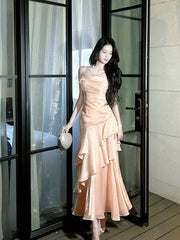 Vestido largo de fiesta de satén con tirantes de sirena rosa 