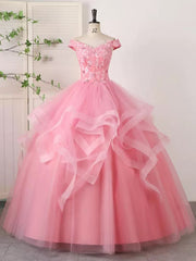 Vestido de fiesta de tul rosa con apliques de encaje