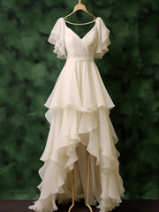 Vestido de fiesta de boda de gasa blanca con escote en V y capas altas y bajas 