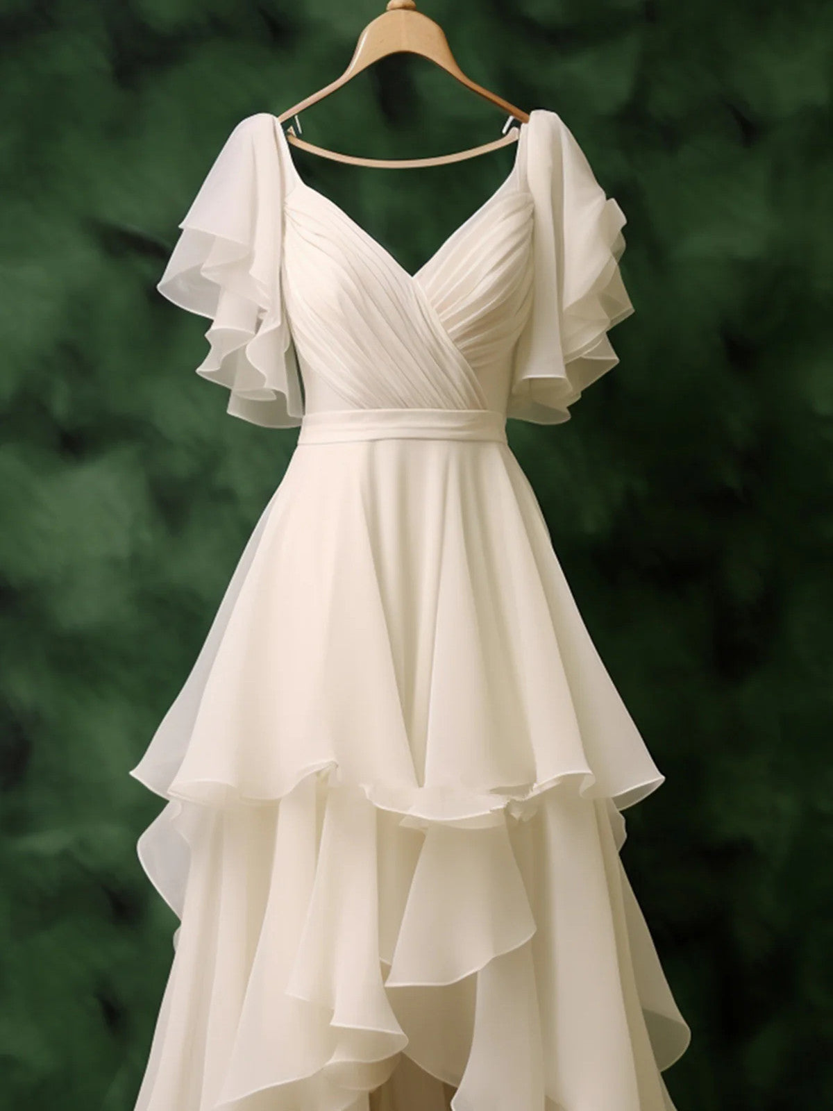 Vestido de fiesta de boda de gasa blanca con escote en V y capas altas y bajas 