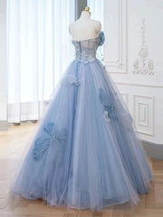 Vestido de fiesta largo de tul azul claro con escote en forma de corazón y cuentas 