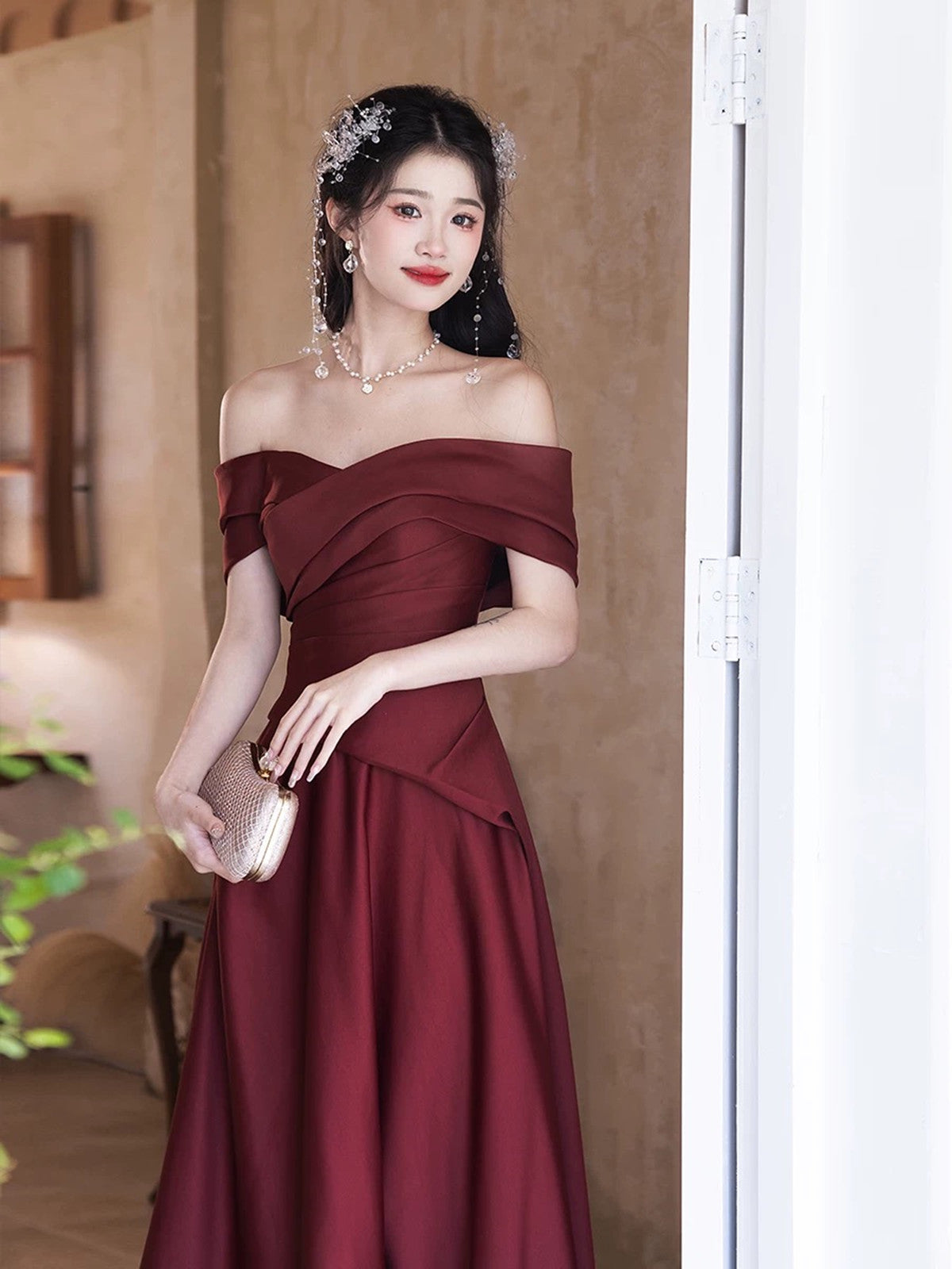 Wine Red A-line Satin Off Shoulder Party Dress