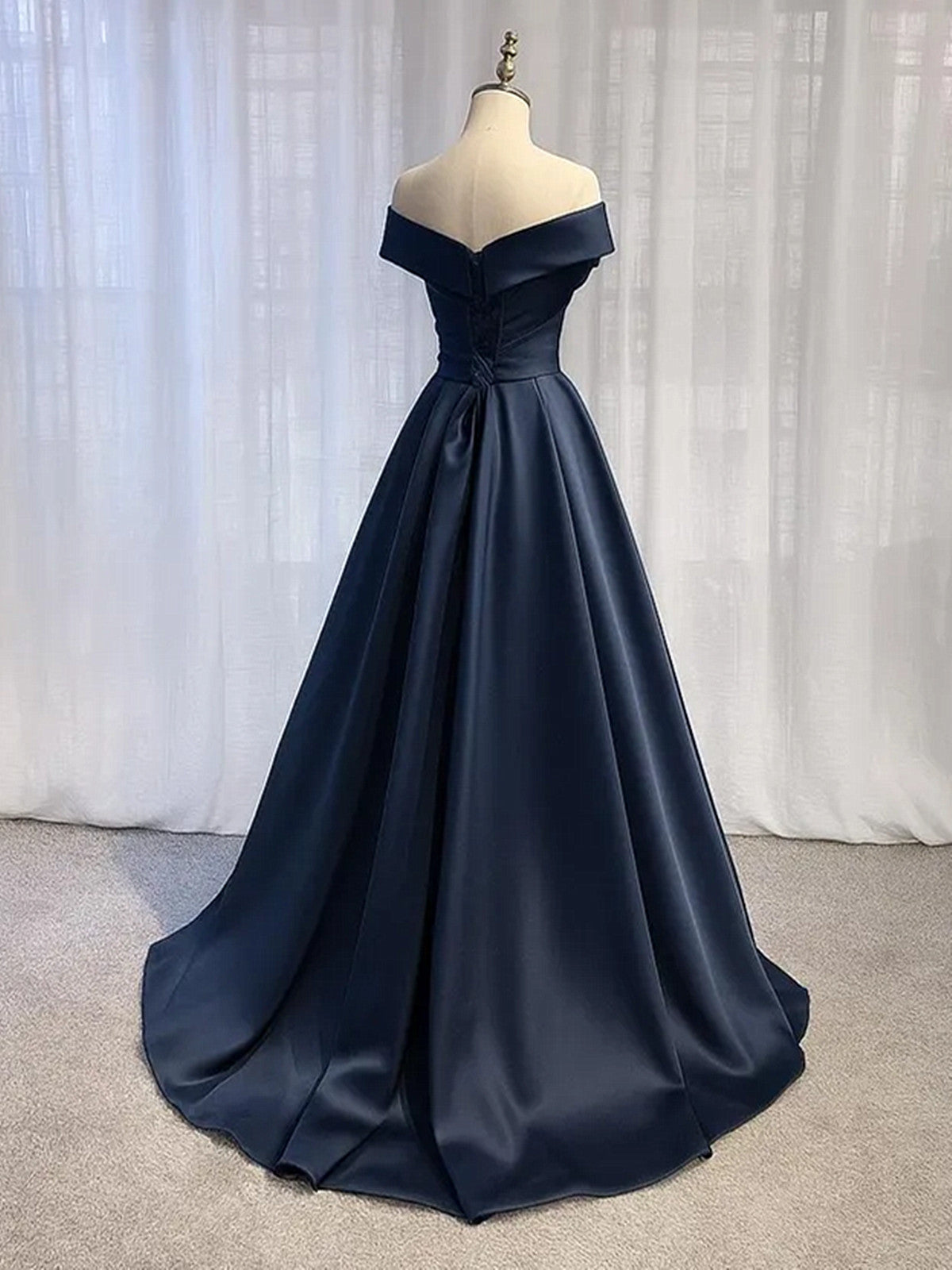 A-line Navy Blue Satin Off Shoulder Long Party Dress