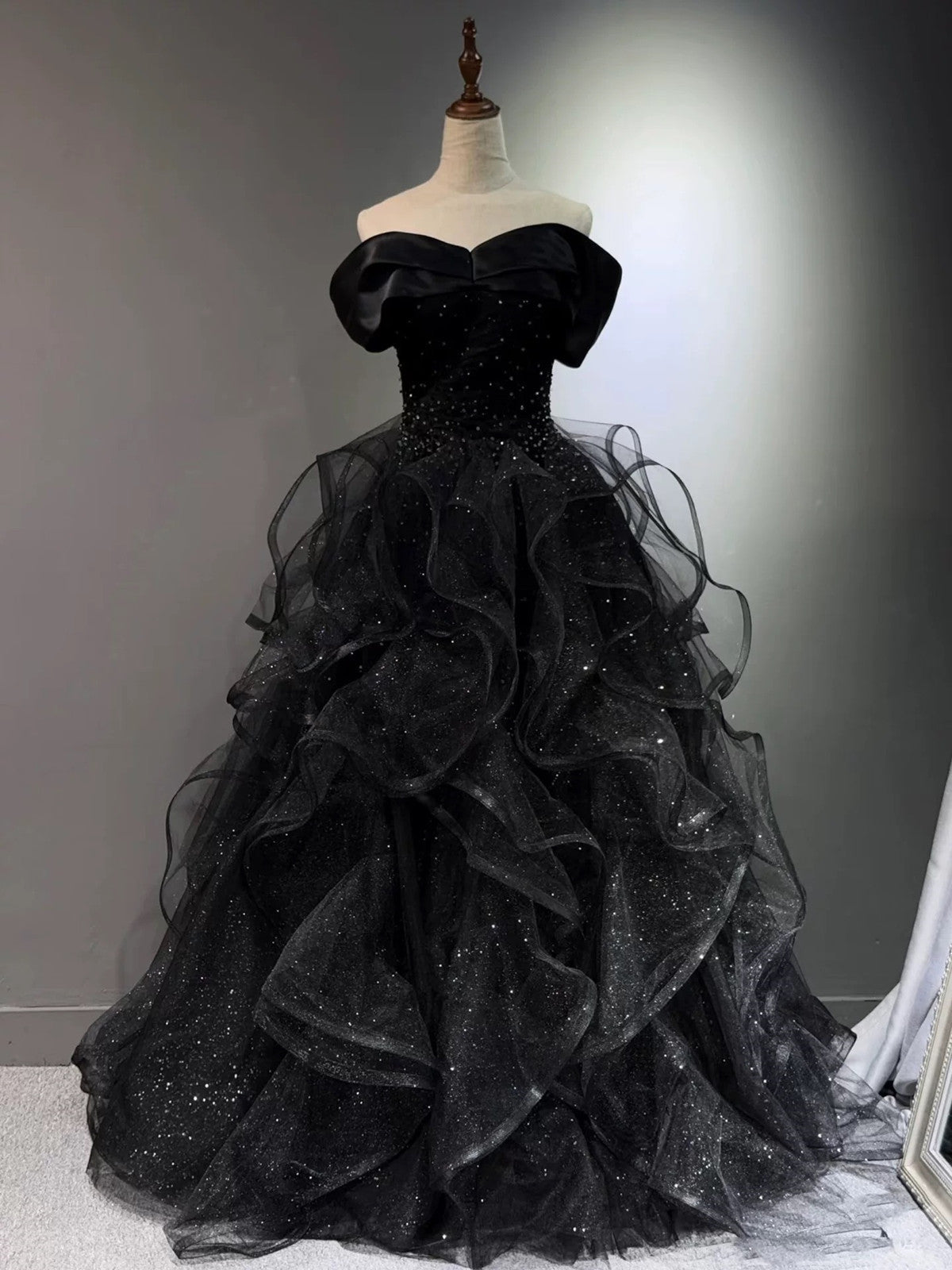 A-line Black Tulle Layers Beaded Off Shoulder Party Dress