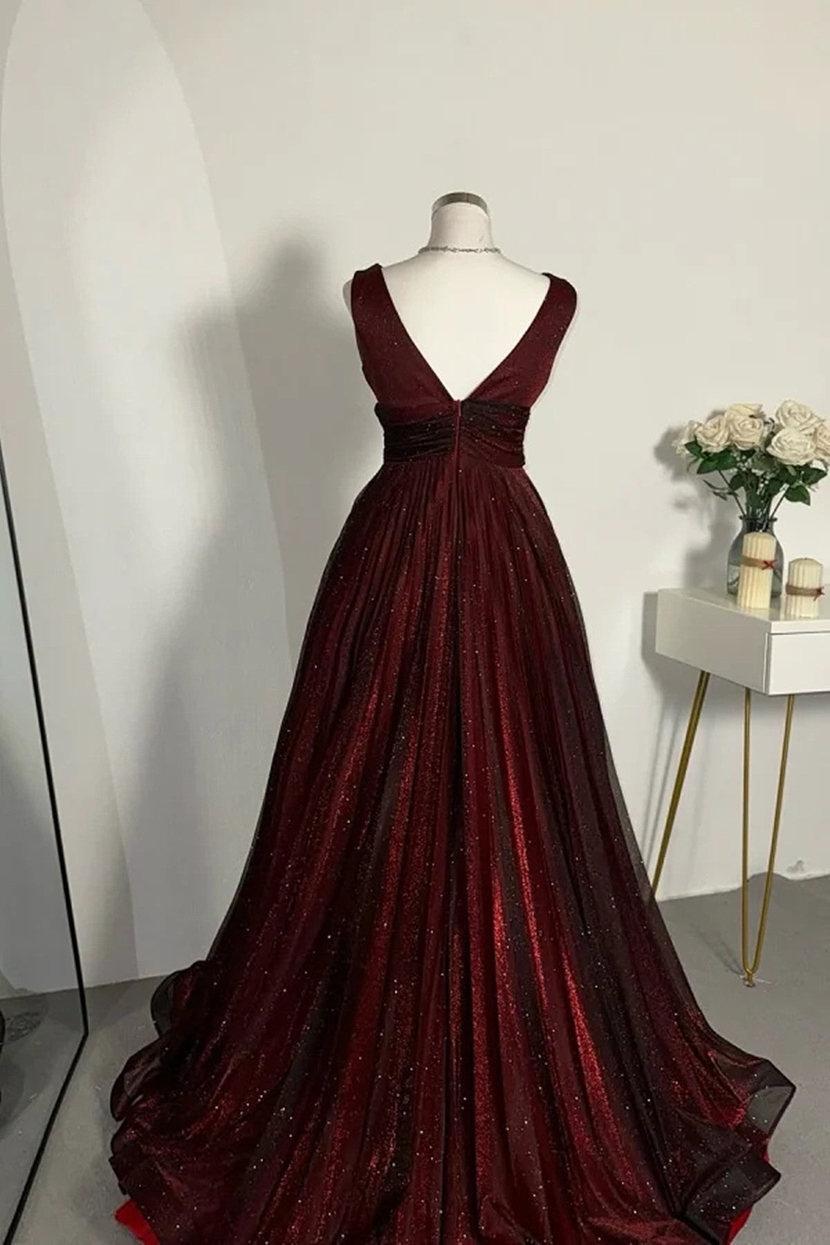 A-line Black and Red V-neckline Tulle Floor Length Party Dress
