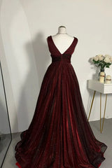 A-line Black and Red V-neckline Tulle Floor Length Party Dress