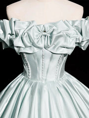 Vestido de fiesta verde satinado con hombros descubiertos, corte A y largo hasta el suelo 