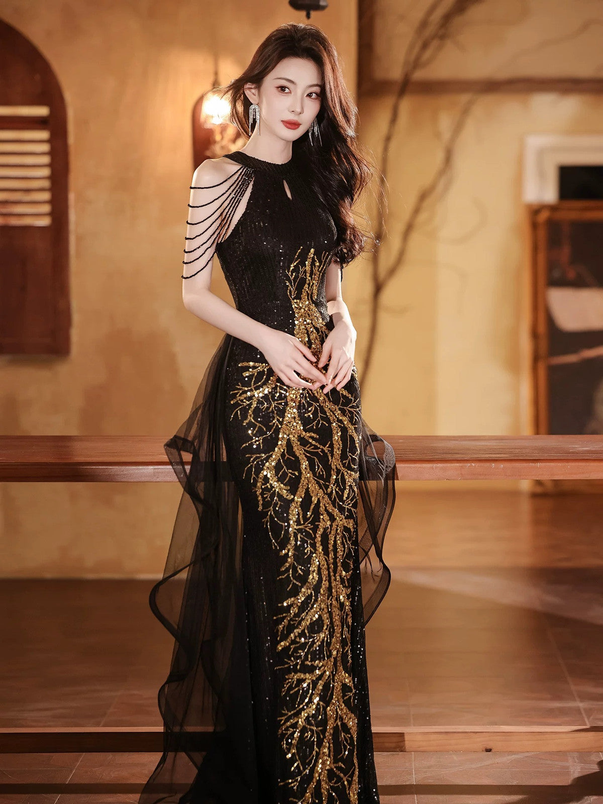 Black Sequins Halter Beaded Floor Length Party Dress