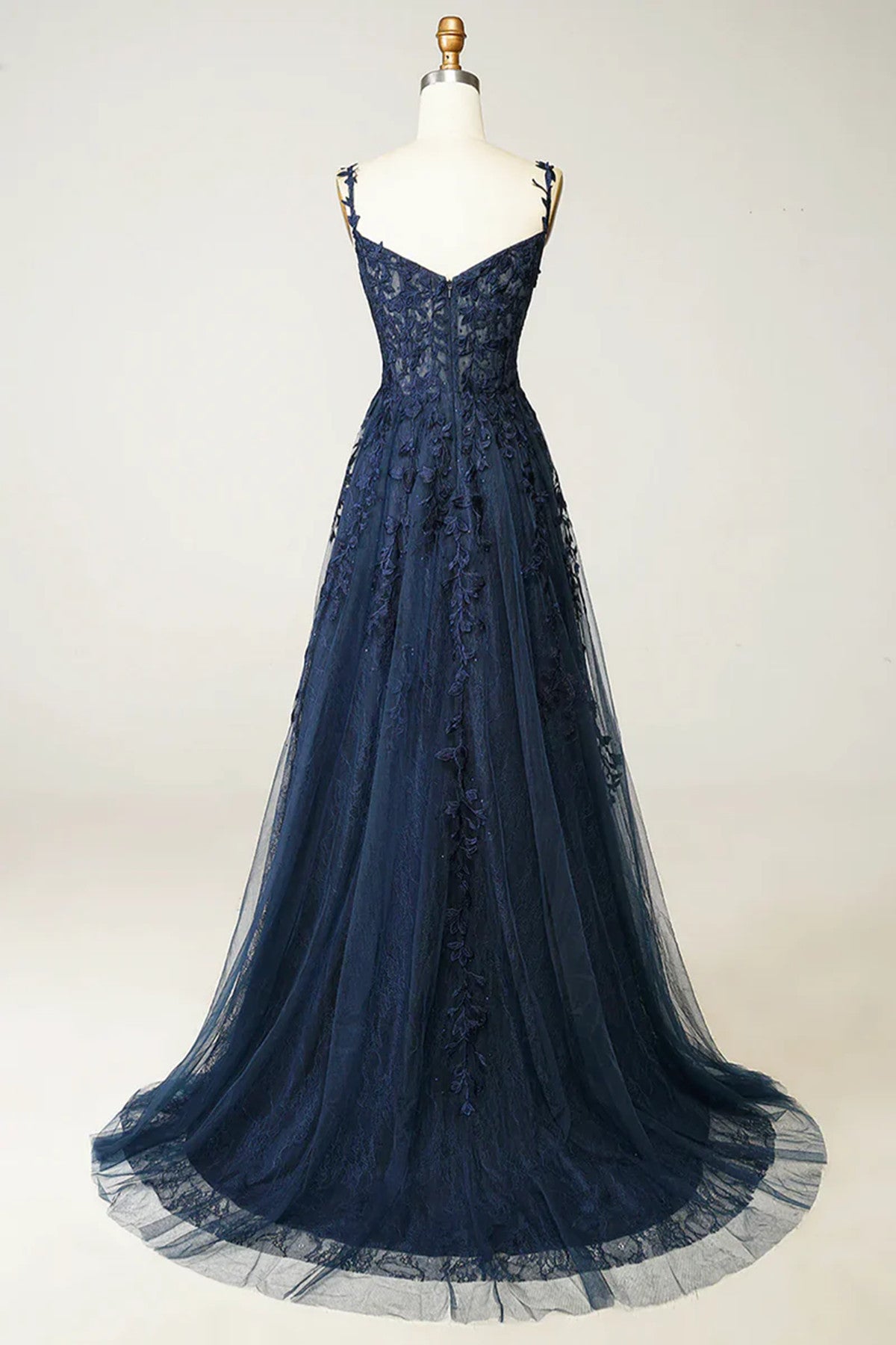 Vestido de fiesta azul marino con tirantes de tul y encaje, corte A 