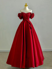 Lindo vestido de fiesta de satén rojo vino con hombros descubiertos y corte A 