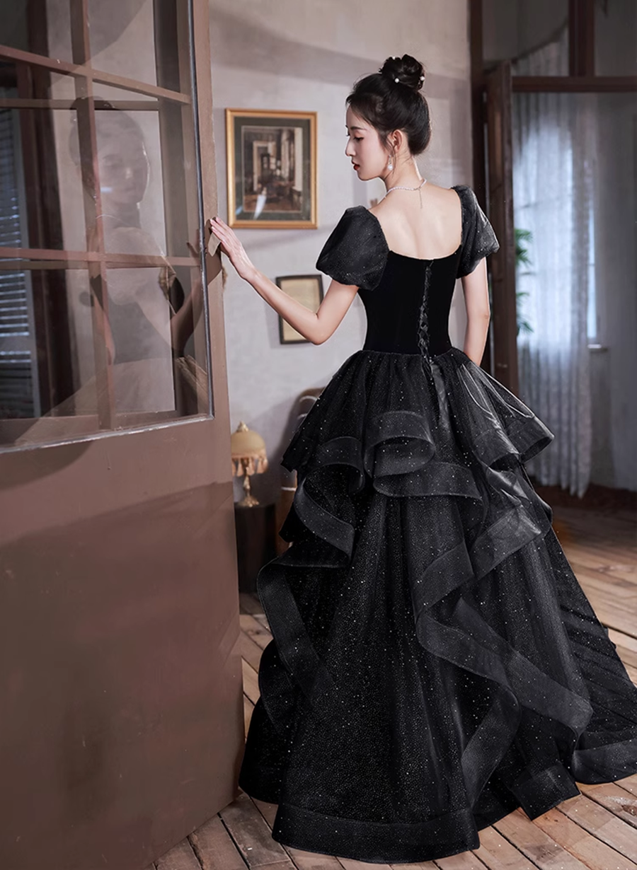 Black Velvet and Tulle Off Shoulder Long Formal Dress