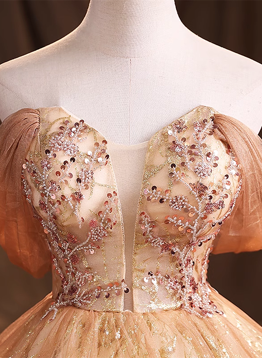 Gold Tulle with Beaded Long Sweet 16 Dress