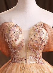 Gold Tulle with Beaded Long Sweet 16 Dress